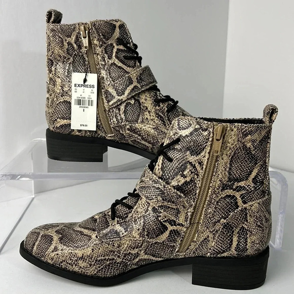 Express Cross Strap Snakeskin Print Lace Up Side Zip Combat Boots Size 8 NWT - Picture 3 of 16